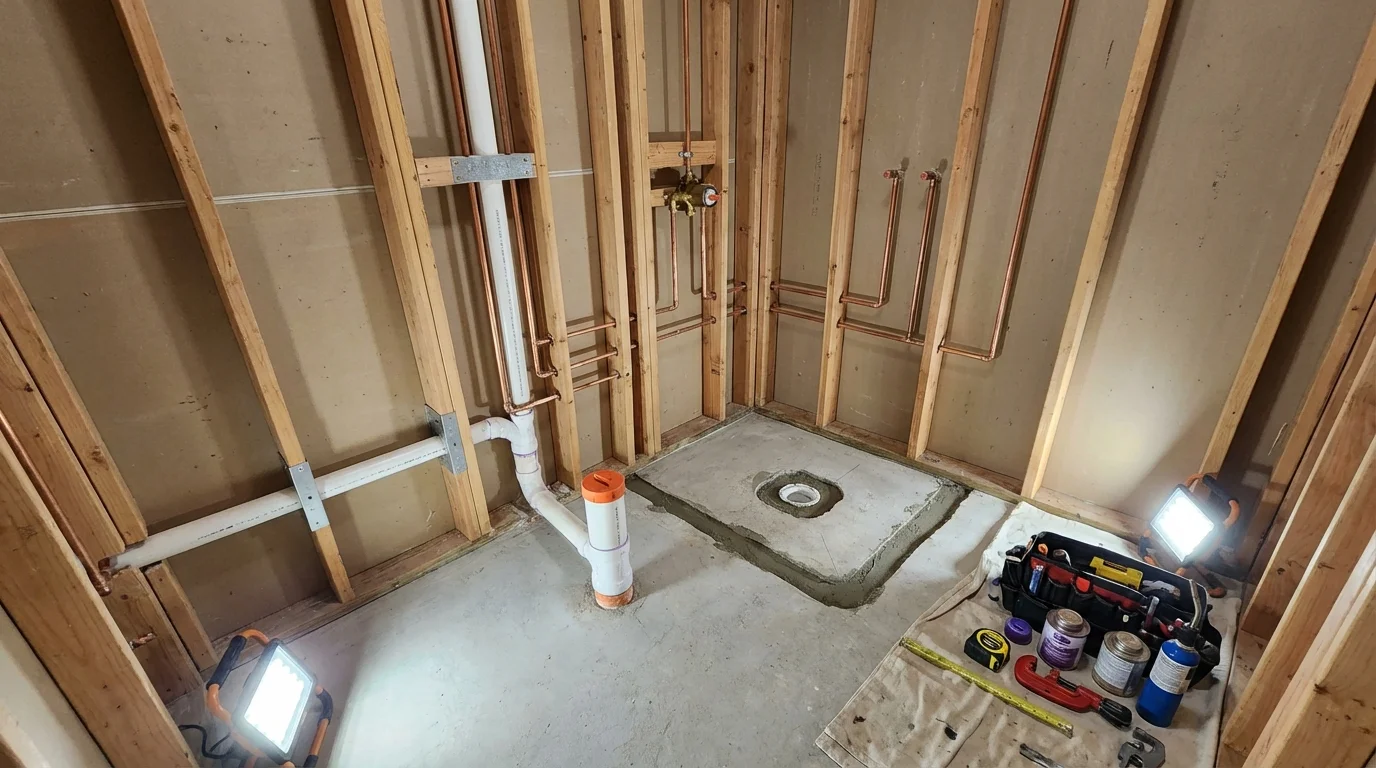 Bathroom rough-in plumbing during remodel by Johns Plumbing LLC in Josephine