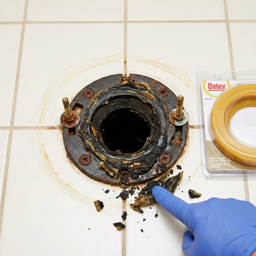 Failed wax ring showing water seepage at the base of a toilet in a Josephine, TX home