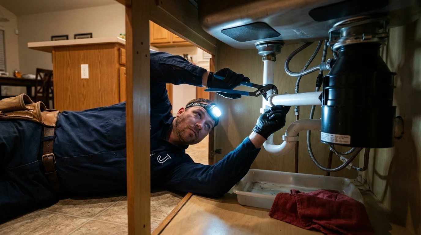P-trap and supply line connections under a kitchen sink showing a common leak point in Josephine, TX